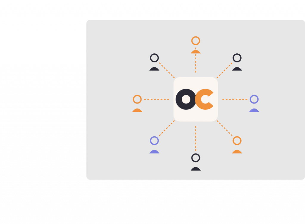 Illustration OPENCatman Corporate : logo OPENCatman au centre entouré d'utilisateurs représentant les équipes et rôles de l'organisation