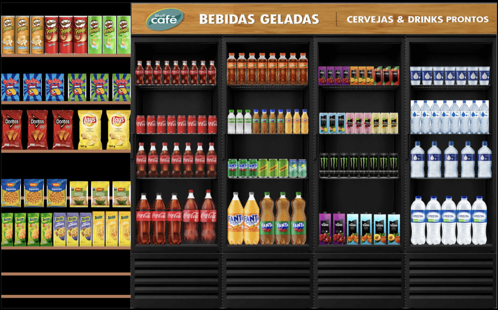 Planograma de loja de conveniência - bebidas geladas e snacks
