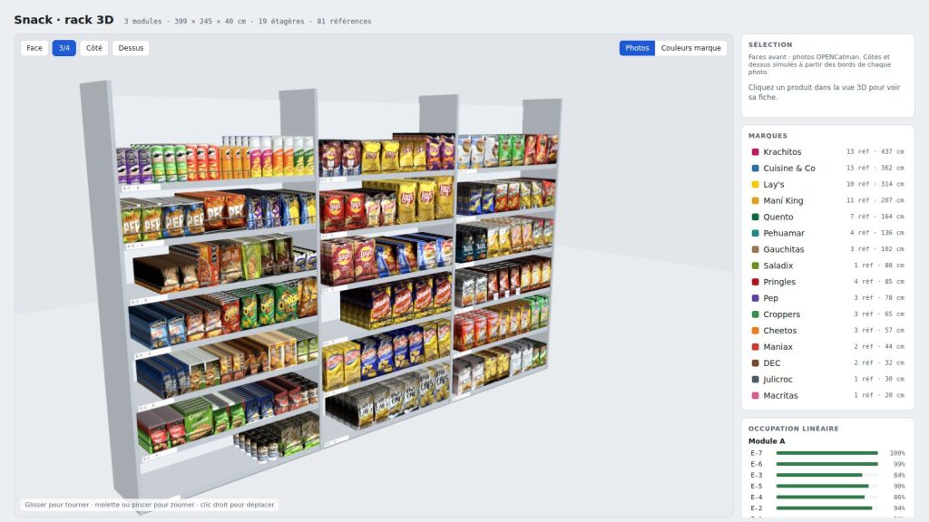 Planogramme OPENCatman de snacks transformé en 3D avec Claude, vue en 3/4