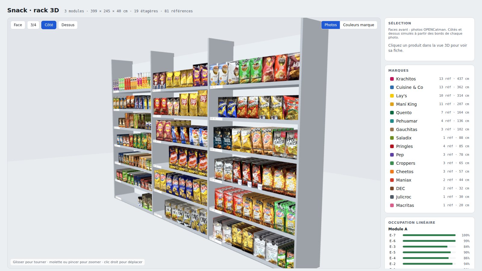 Side view of the 3D planogram showing product depth