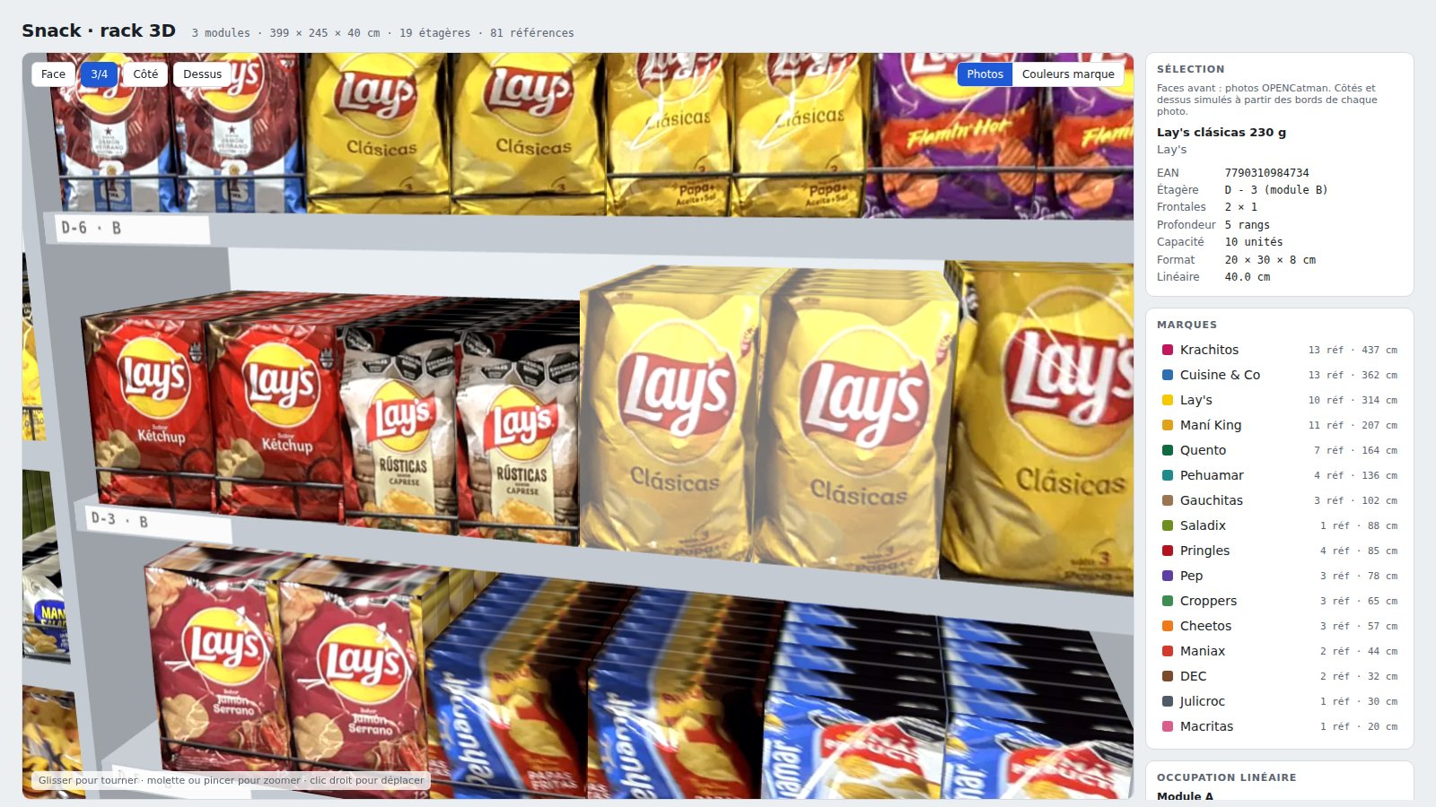 Zoom on a shelf of the 3D planogram with the product card